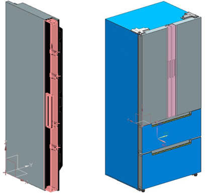 Fig. 4 Door assembly (left) and the top view of integrated model for movement simulation (right).
